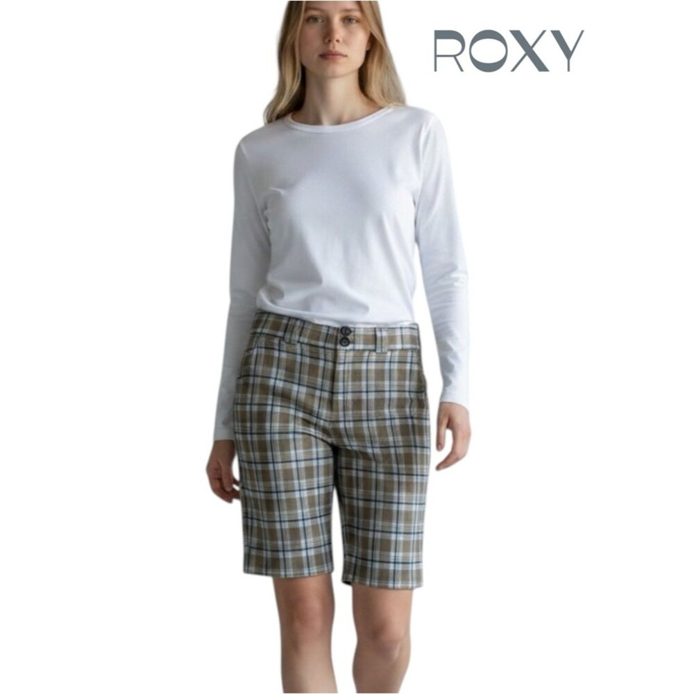 Roxy Tan Cream Teal Cotton Plaid Bermuda Shorts Size 13 Nautical